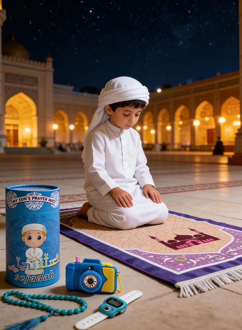 Prayer Carpet Mat Set for Kids, Foldable Muslim Prayer Rug With Rosary, Tasbeeh Counter and Other, Islamic Pattern, Soft Padded Islamic Prayer Mat, Muslim Gift for Ramadan - Image 1